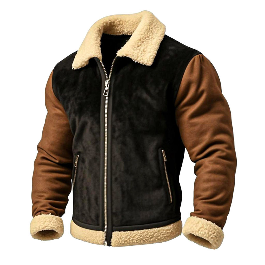 Men's Vintage Western Cowboy Suede Color Block Pocket Fleece Shearling Jacket