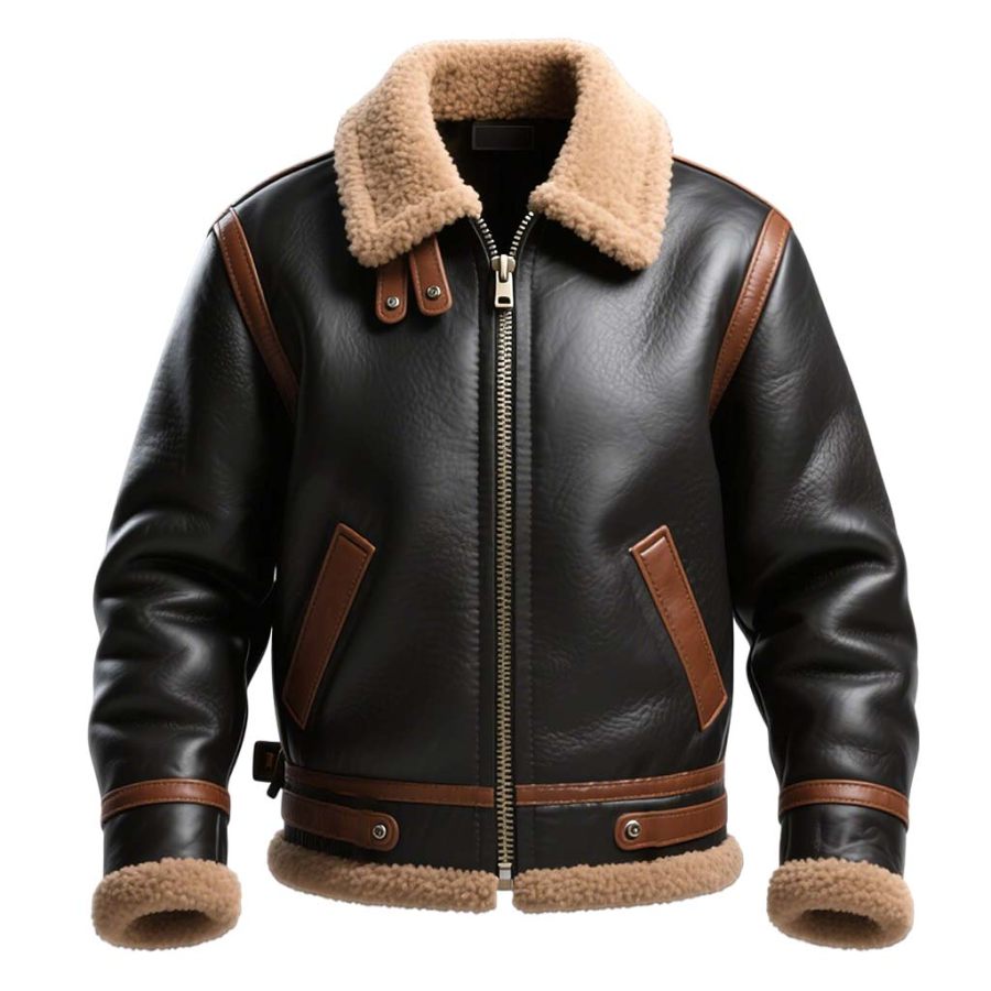Men's Vintage Western Cowboy Leather Color Block Shearling Jacket