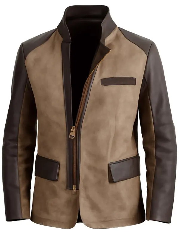 Men's Vintage Western Cowboy Color Block Leather Jacket - Simplyion.com 