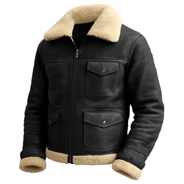 Men's Vintage Western Cowboy Black Leather Shearling Jacket - Wayrates.com 