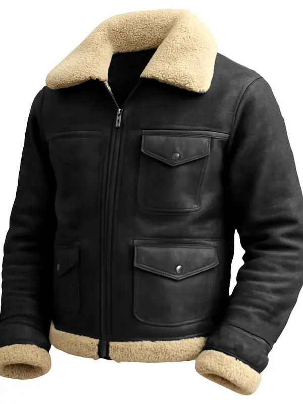 Men's Vintage Western Cowboy Black Leather Shearling Jacket - Wantbright.com 