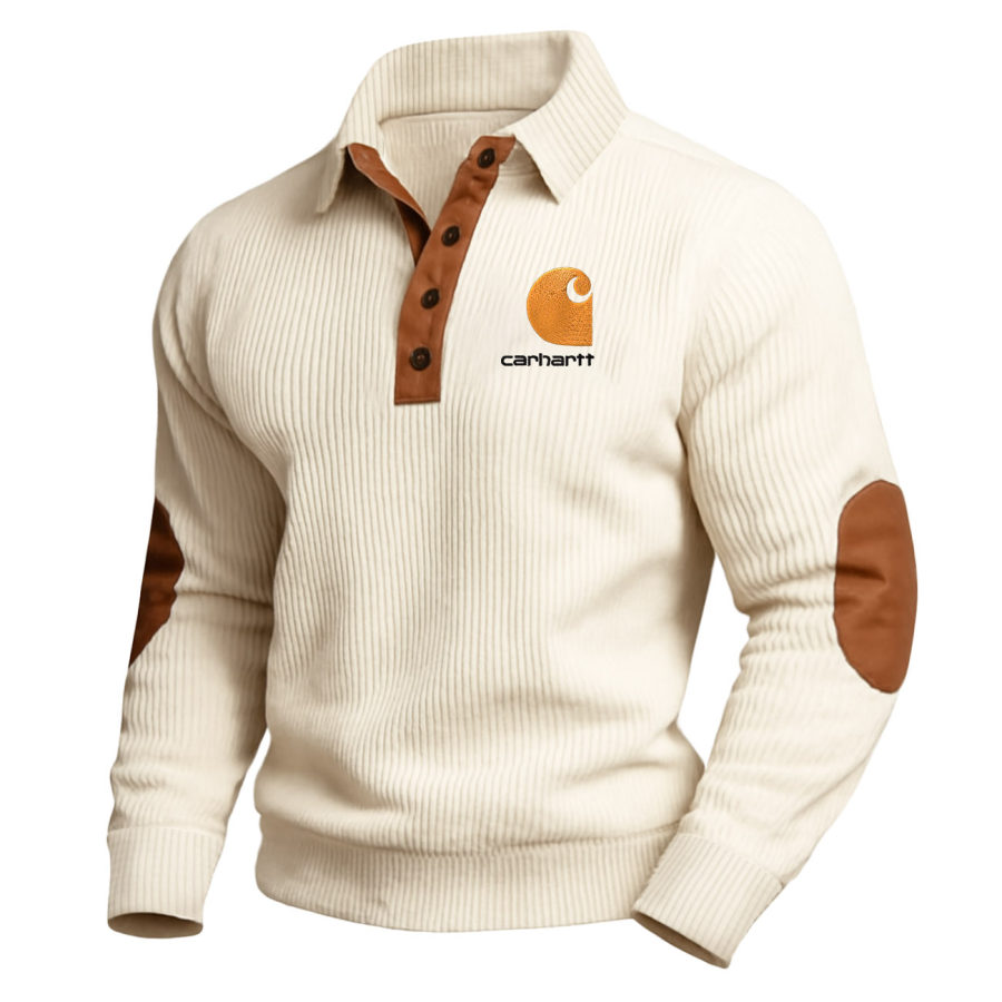 

Men's Vintage Western Cowboy Embroidered Corduroy Suede Elbow Patches Lapel Polo Collar Sweatshirt