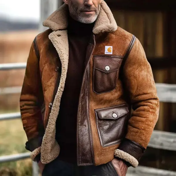 Carhartt Men's Vintage Western Cowboy Suede Paneled Leather Pocket Fleece Shearling Jacket - Wayrates.com 