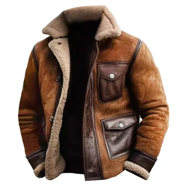Men's Vintage Western Cowboy Suede Paneled Leather Pocket Fleece Shearling Jacket - Upgradecool.com 