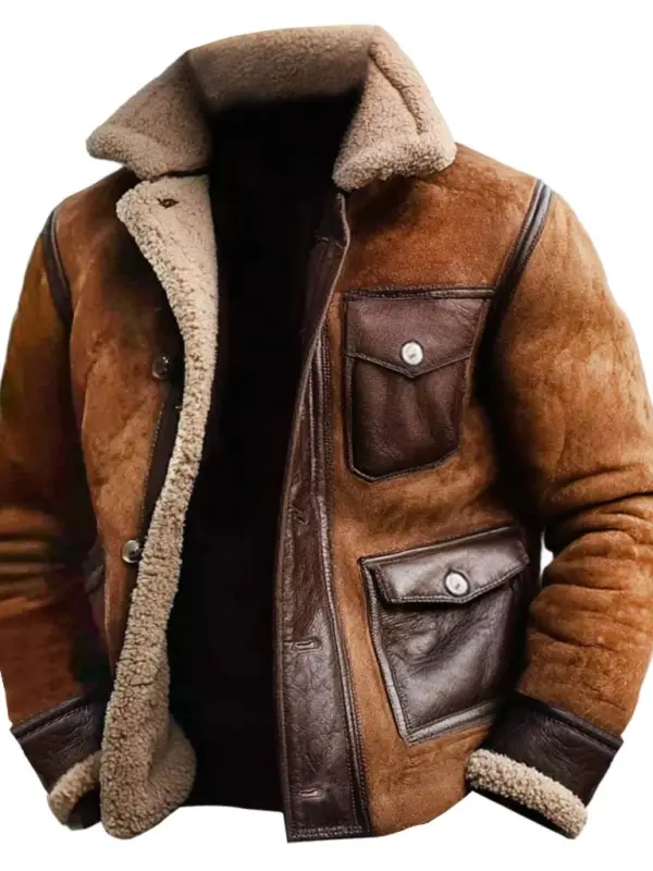 Men's Vintage Western Cowboy Suede Paneled Leather Pocket Fleece Shearling Jacket - Simplyion.com 