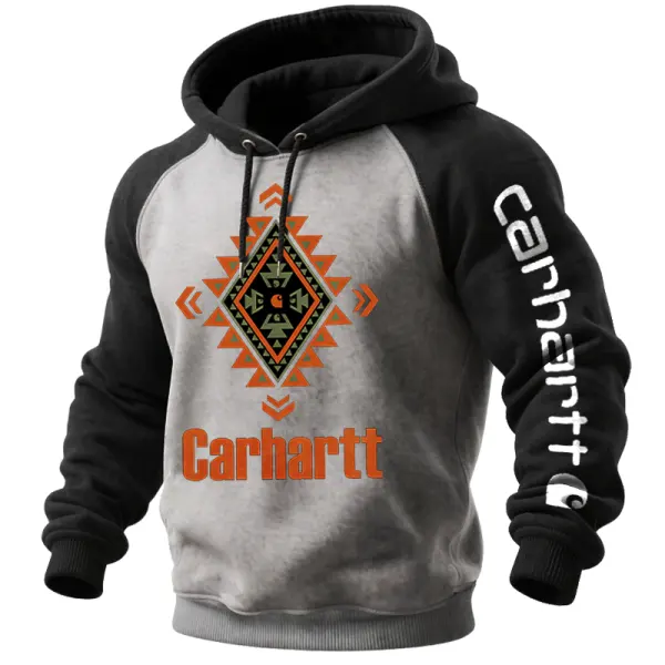 Men's Vintage Western Cowboys Ethnic Geometric Graphic Print Contrast Gaglan Sleeves Hoodie - Wayrates.com 