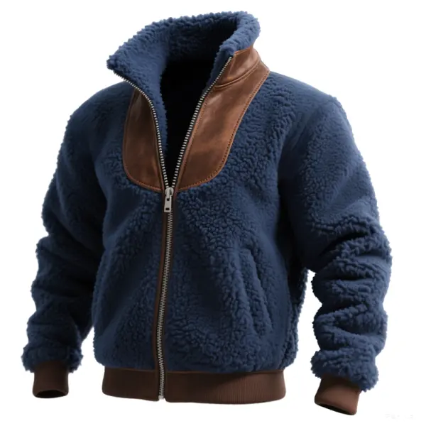 Men's Vintage Teddy Fleece Jacket With Brown Leather Suede Trim Blue - Wayrates.com 