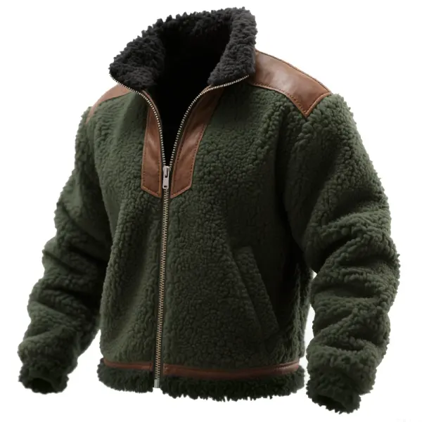 Men's Vintage Teddy Fleece Jacket With Leather Trim - Wayrates.com 