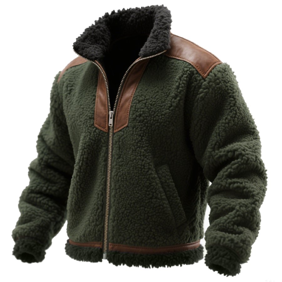 Men's Vintage Teddy Fleece Jacket With Leather Trim