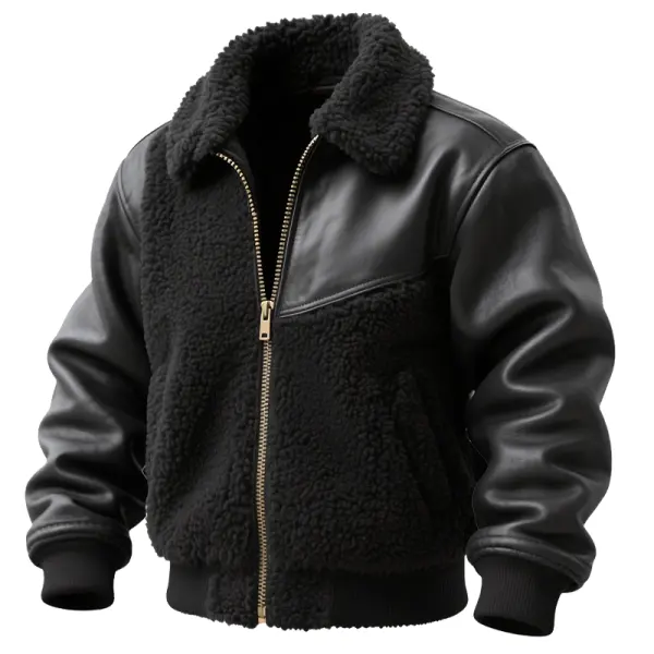 Men's Vintage Leather And Teddy Fleece Bomber Jacket - Wayrates.com 