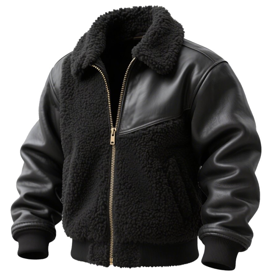 Men's Vintage Leather And Teddy Fleece Bomber Jacket