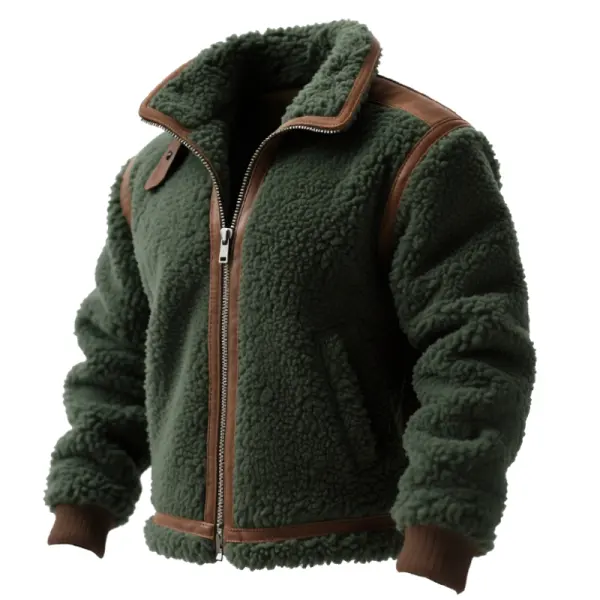 Men's Vintage Western Teddy Fleece Jacket With Brown Leather Suede Trim - Wayrates.com 