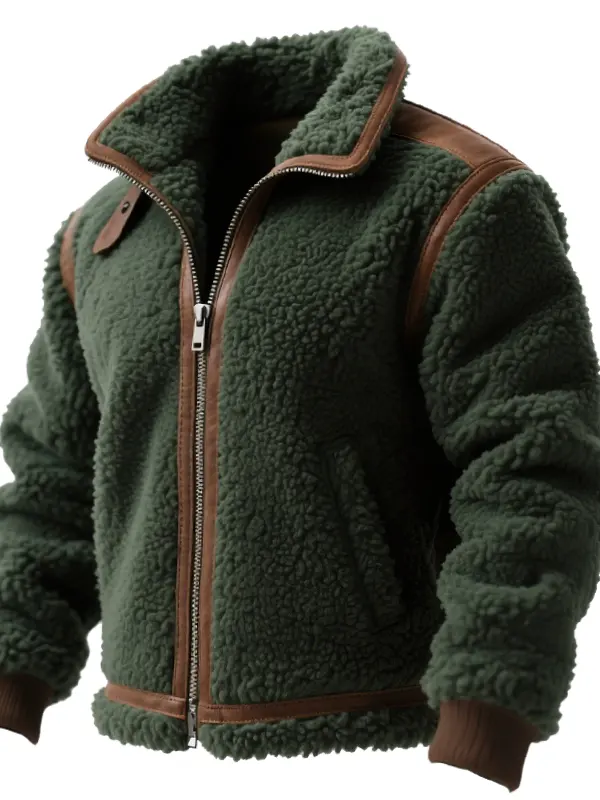 Men's Vintage Western Teddy Fleece Jacket With Brown Leather Suede Trim - Wantbright.com 