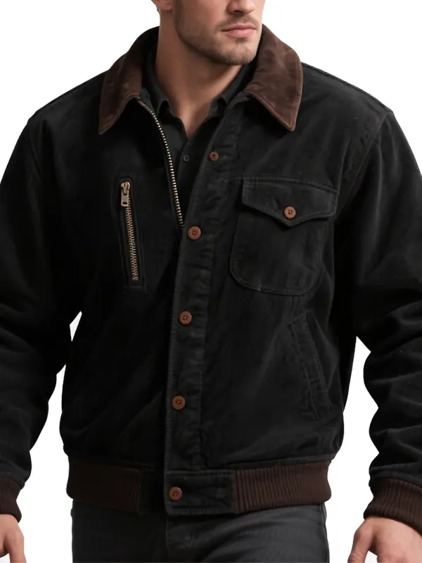 Men's Classic Zipper Pocket Cargo Jacket With Brown Trim - Wantbright.com 
