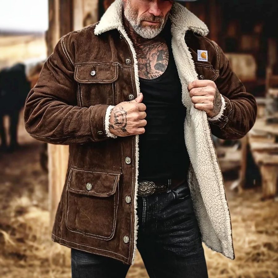 Men's Vintage Western Cowboy Brown Corduroy Fleece Lapel Sherpa Lining Jacket