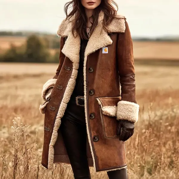 Women's Vintage Western Cowboy Brown Suede Fleece Lapel Shearling Jacket Coat - Wayrates.com 