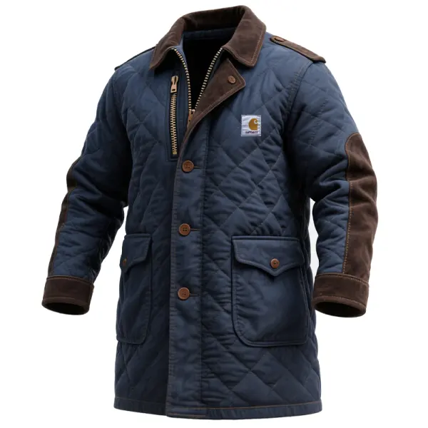 Men's Vintage Western Quilted Jacket In Navy Blue With Brown Suede Accents - Wayrates.com 