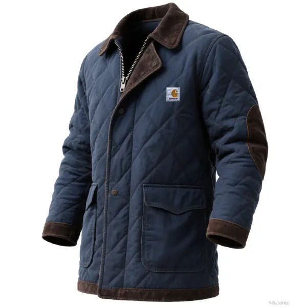 Men's Vintage Quilted Warm Cargo Barn Jacket In Navy Blue With Suede Collar - Wayrates.com 