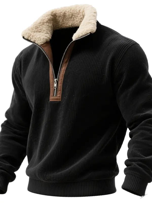 Men's Western Warm Corduroy Sweatshirt With Faux Shearling Collar - Wantbright.com 