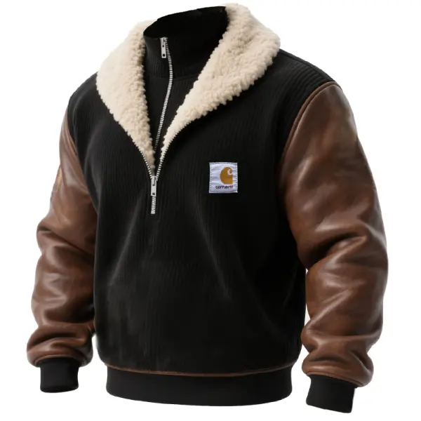 Men's Winter Jacket With Faux Shearling Collar And Leather Sleeves - Wayrates.com 