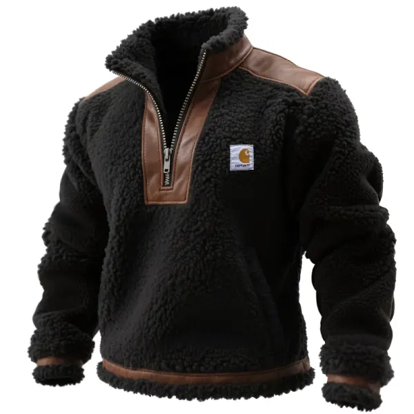 Men's Vintage Warm Fleece Quarter Zip Collar Sweatshirt Jacket With Leather Trim - Wayrates.com 