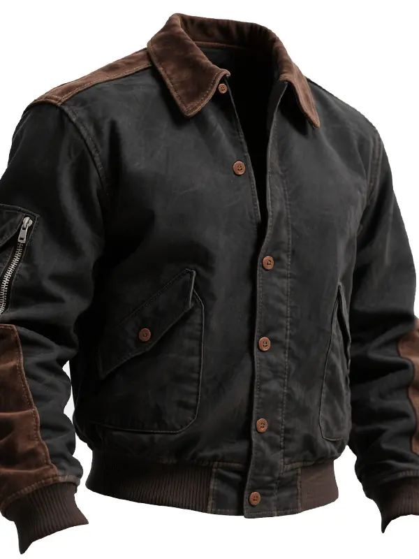 Men's Classic Black And Brown Patchwork Suede Bomber Jacket With Suede Details - Pragmaace.com 