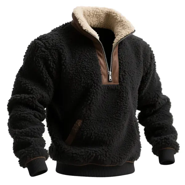 Men's Vintage Warm Fleece Sweatshirt With Brown Leather Trim - Wayrates.com 