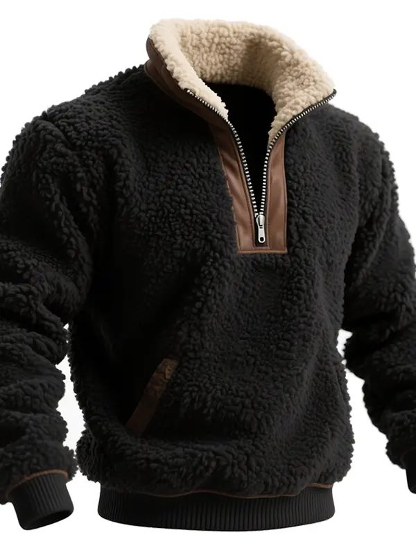 Men's Vintage Warm Fleece Sweatshirt With Brown Leather Trim - Wantbright.com 