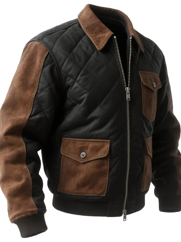 Men's Vintage Patchwork Suede Quilted Bomber Jacket - Wantbright.com 