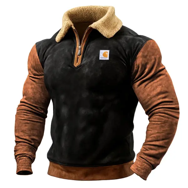 Men's Vintage Western Cowboy Suede Black And Brown Contrast Zipper Fleece Lapel Long Sleeve Sweatshirt - Wayrates.com 