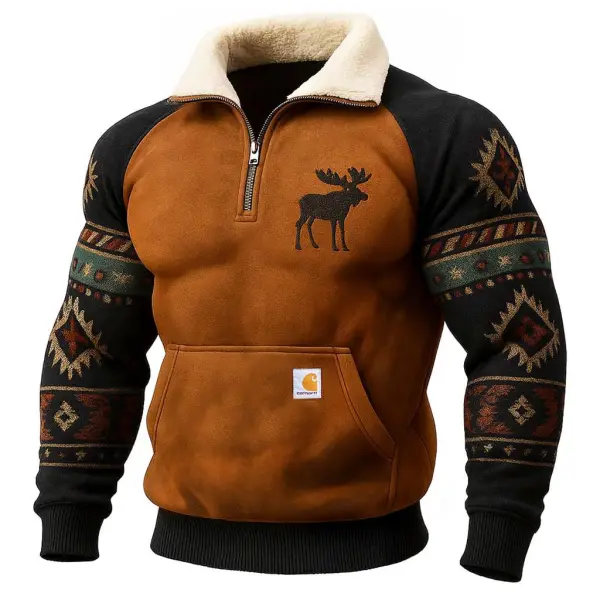Carhartt Men's Vintage Western Cowboy Suede Aztec Moose Embroidered Quarter-Zip Fleece Stand Collar Long Sleeve Sweatshirt - Wayrates.com 