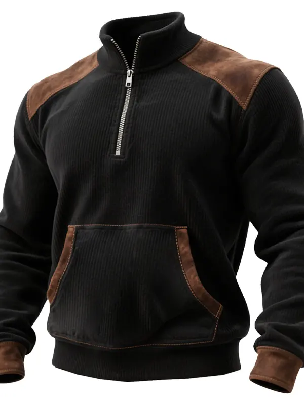 Men's Vintage Black And Brown Chenille-Style Fleece Jacket With Zipper - Wantbright.com 