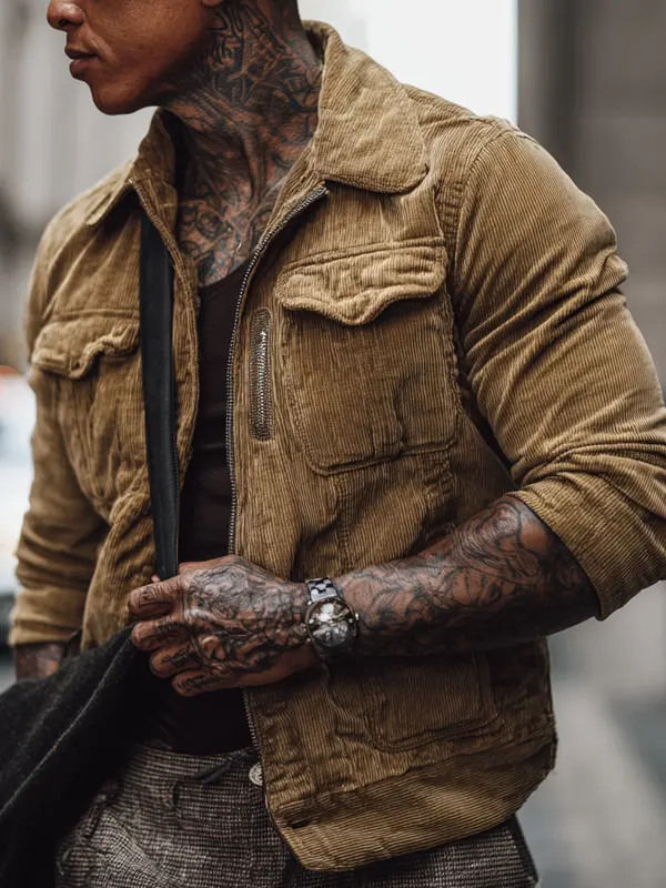 Stylish Corduroy Jacket With Unique Tattoo-Inspired Design - Simplyion.com 