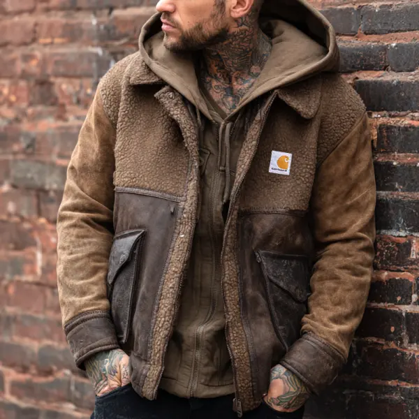 Lamb Wool Splicing Winter-Ready Hooded Jacket With Faux Fur Trim For Men - Wayrates.com 