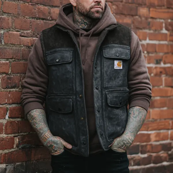 Black Suede Splicing Winter-Ready Hooded Vest With Multi-Pocket Design For Outdoor Adventures - Wayrates.com 