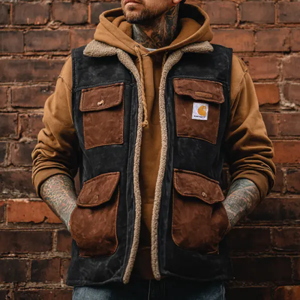 Suede Splicing Winter-Ready Hooded Vest With Multi-Pocket Design For Outdoor Adventures - Wayrates.com 