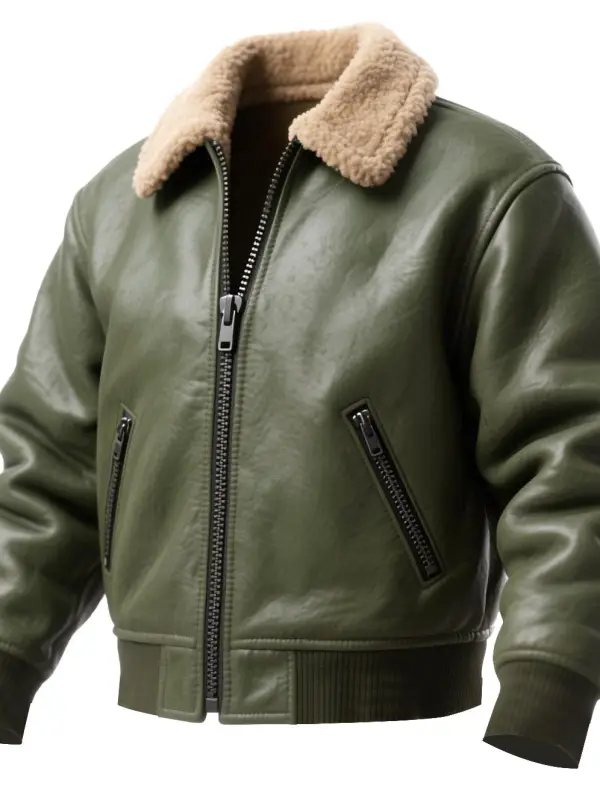Men's Vintage Western Cowboy Olive Green Leather Fleece Lapel Motorcycle Shearling Jacket - Wantbright.com 