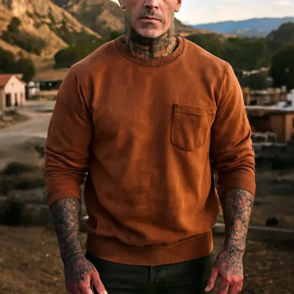 Men's Vintage Brown Crew Neck Sweatshirt With Pocket - Wayrates.chimpone.com 