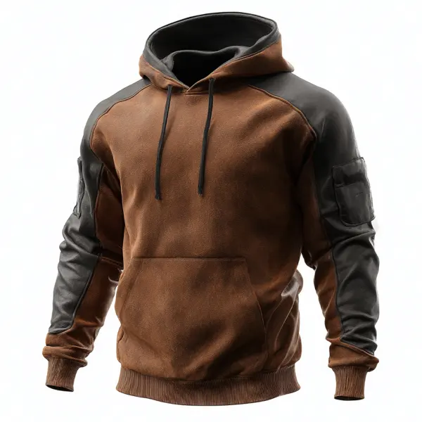 Men's Vintage Brown Suede And Black Leather-Sleeve Hoodie - Wayrates.com 