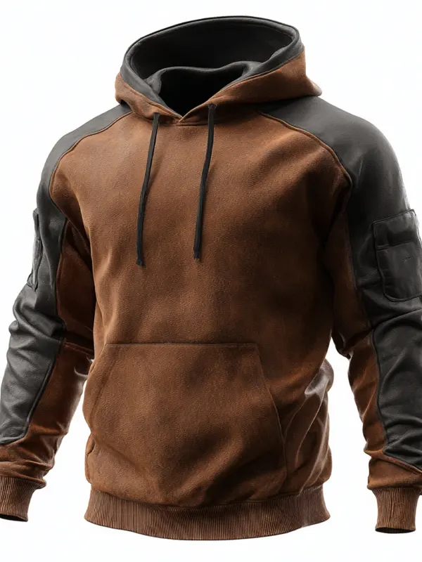 Men's Vintage Brown Suede And Black Leather-Sleeve Hoodie - Wantbright.com 