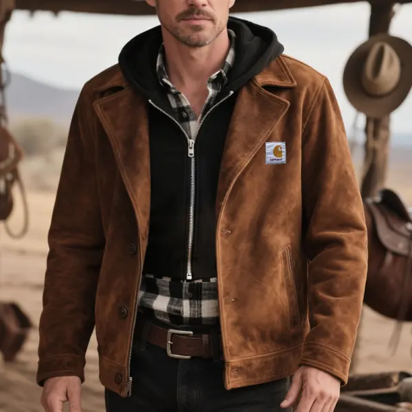 Men's Vintage Suede Rustic Lapel Double Hood Collar Brown Jacket - Wayrates.com 