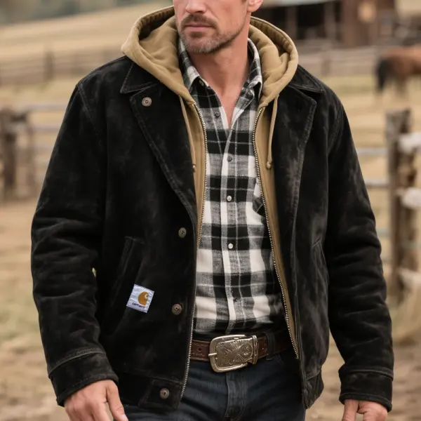 Men's Vintage Suede Rugged Winter Style Jacket With Double Neckline Hoodie Black - Wayrates.com 