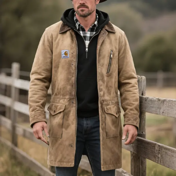 Men's Vintage Country Western Rustic Style Casual Suede Jacket Trench Coat With Zipper Pocket - Wayrates.com 