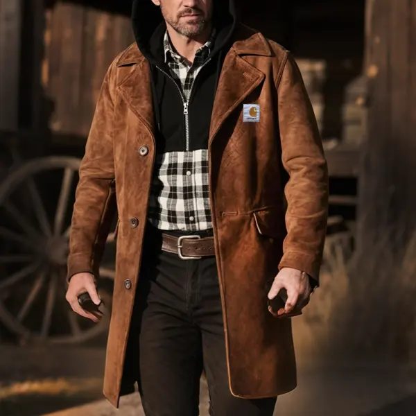 Men's Vintage Western Suede Lapel Trench Coat Jacket With Double Hooded Layering Brown - Wayrates.com 