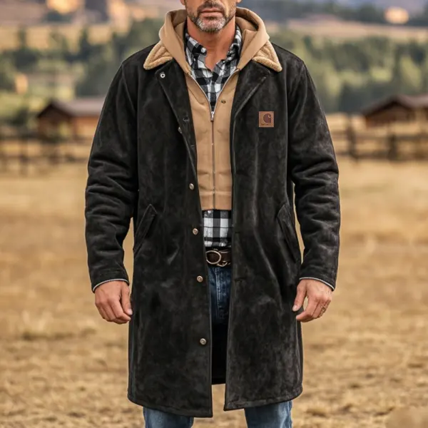 Men's Vintage Suede Rustic Classic Jacket Coat With Double Hood Neckline - Wayrates.com 