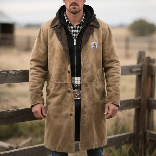 Men's Rustic Suede Rancher In Casual Elegance Jacket Trench Coat With Double Hood Collar Khaki - Wayrates.com 