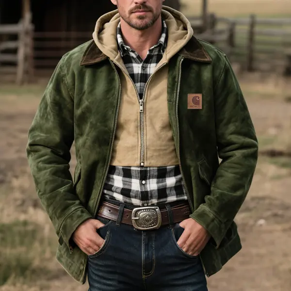 Men's Vintage Rustic Suede Jacket With Double Neckline Hoodie Neck Green - Wayrates.com 