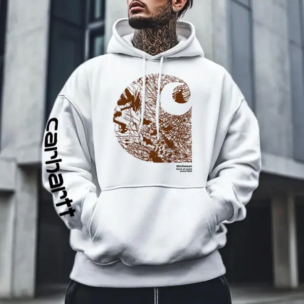 Carhartt Men's Vintage Logo Print Pocket Long Sleeve White Hoodie - Wayrates.com 