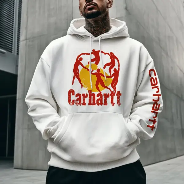 Men's Vintage Hand In Hand Logo Print Pocket Streetwear Long Sleeve White Hoodie - Wayrates.com 