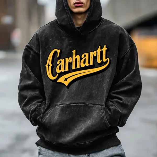 Carhartt Men's Vintage Washed Distressed Yellow Logo Print Pocket Streetwear Long Sleeve Black Hoodie - Wayrates.com 